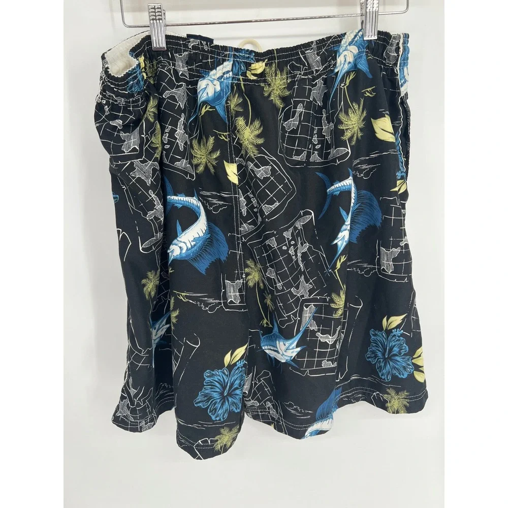 Mens Black Tropical Marlin Hibiscus Print Swim Trunks Board Shorts Elastic Waist
